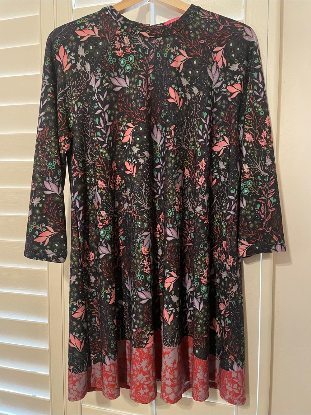 Catherine Malandrino Black Midi Dress with Pink & Green Floral Print